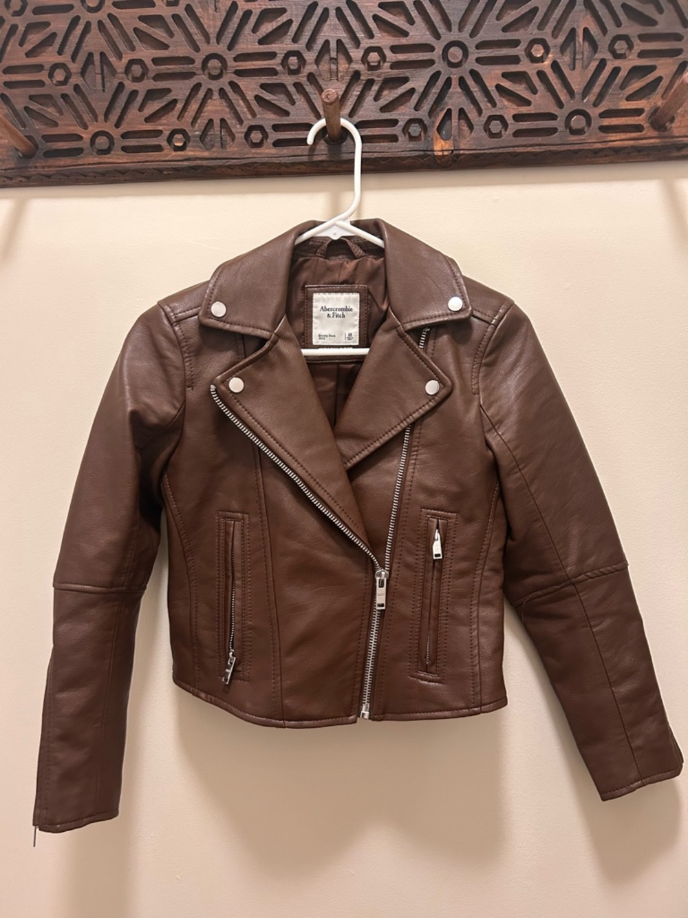 Abercrombie & Fitch Brown Leather Moto Jacket with Silver Hardware
